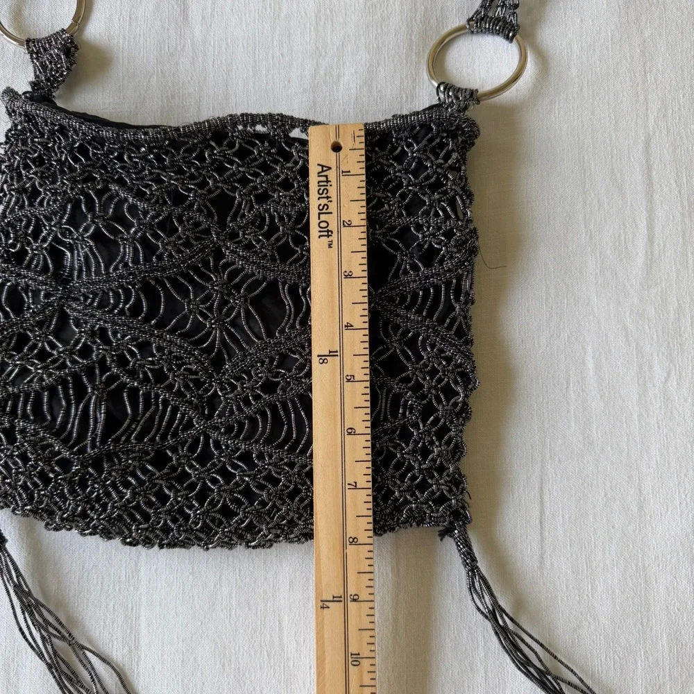 Y2K Gunmetal Metallic Crochet Mesh Crossbody Bag Fringe‎ Tassels Broken Ring